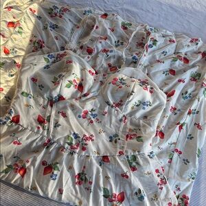 Fruity Floral Pattern White Peasant Smocked Cottagecore Midi Dress Size XL